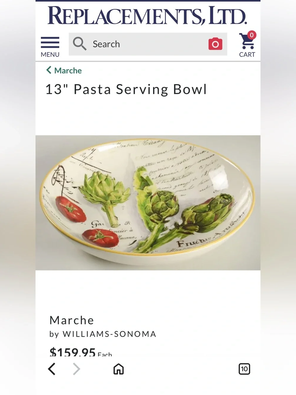 EUC Williams Sonoma 13” Pasta Serving Bowl Marche Marc Lacaze Artichoke Eggplant